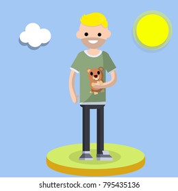 cartoon flat illustration - Groundhog day. the man holds the cute animal in his hands. The guy is playing with a funny furry beast. green lawn, blue sky, sun and clouds in the spring.

