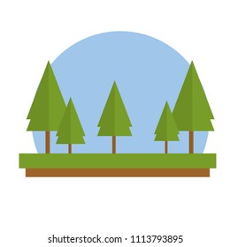 Cartoon flat illustration - group of five wood - green fir. Northern plants of the forest on a white background. the natural landscape and a beautiful view for tourists. Blue sky

