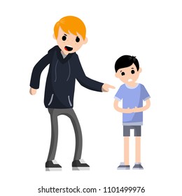 Cartoon flat illustration - a grown man abusing a little boy. the guy is scolding the child. Reproach for disorderly conduct. Severe punishment. The notion of guilt for a prank. concept of the family
