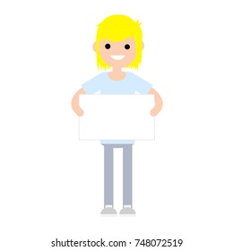 cartoon flat illustration - guy blonde in blue dress with blank sign in his hands