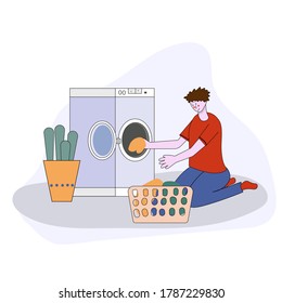 cartoon flat illustration - the guy in the blue dress with folded clothes in his hands next to a washing machine and detergent