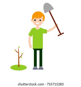 Cartoon flat illustration - the guy in the green dress puts the plant a tree, holding a shovel in his hands