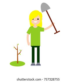 Cartoon flat illustration - the guy in the green dress puts the plant a tree, holding a shovel in his hands