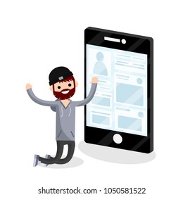 Cartoon flat illustration - guy in the hat is on his knees in front of a large phone. modern devices with social networks. dependence on the Internet. modern technologies of communication with friend