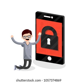 Cartoon flat illustration - the guy nerd is on his knees in front of a large phone. modern devices with social networks. dependence on the Internet. account lockout. male page block