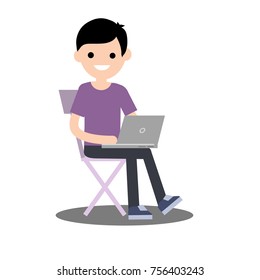 Cartoon flat illustration - the guy in the purple clothes sitting on chair with laptop
