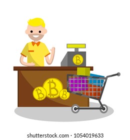 Cartoon flat illustration -  guy in the store. a man is a seller behind the counter and a shopping cart. non-cash calculation in bitcoins. blockchain and cryptocurrency technologies. modern shop