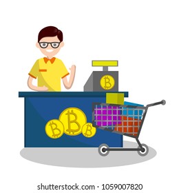 Cartoon flat illustration -  guy in the store. a man is a seller behind the counter and a shopping cart. non-cash calculation in bitcoins. blockchain and cryptocurrency technologies. modern shop
