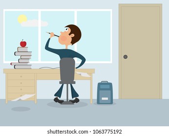 Cartoon flat illustration - guy student sitting on a chair at the table.