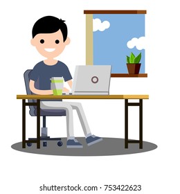 cartoon flat illustration - guy student sitting on a chair at the table with laptop and books at the window

