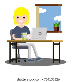 cartoon flat illustration - guy student sitting on a chair at the table with laptop and books at the window
