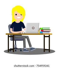 cartoon flat illustration - guy student sitting on a chair at the table with laptop and books 
