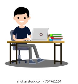 cartoon flat illustration - guy student sitting on a chair at the table with laptop and books 
