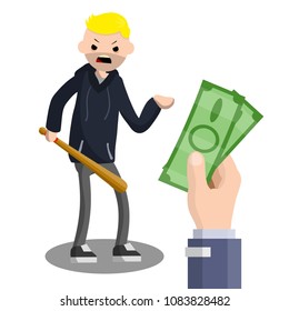 Cartoon flat illustration - guy thug extorting money from a rich man. hand with green bills gives banknotes to a thief with a baseball bat. security problems in the city. the man in the hoodie.