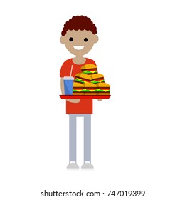 cartoon flat illustration - guy with the tray in a red dress with a fast food Burger and a drink