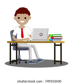 cartoon flat illustration - the guy in the white shirt with a red tie sitting and working at table with laptop and books