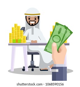 Cartoon flat illustration - hand with a green note. The rich Arab in a white dress enjoys a good business deal. Finance and trade in the middle East. Table with gold coins for Commerce

