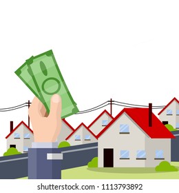 Cartoon flat illustration - the hand with the greenbacks. the city's suburbs. buy house. business deal. Rent a house. beautiful cityscape.

