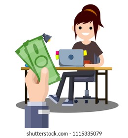 Cartoon flat illustration - the hand with the greenbacks. A young girl sitting at the table with a computer.work in Internet. earning money. good salary. female freelance programmer
