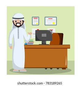 cartoon flat illustration - Happy Muslim Arab man dressed in white shows office furniture - chair, table, computer, awards in the background. The room for business