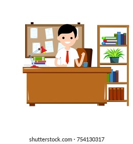 cartoon flat illustration - happy office worker sitting at night in the office for Desk with lamp, coffee and books