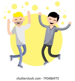 Cartoon flat illustration - happy people jumping, raising hands up. Colored bubbles and backgrounds. Successful guys. Youth male celebrating a victory.
