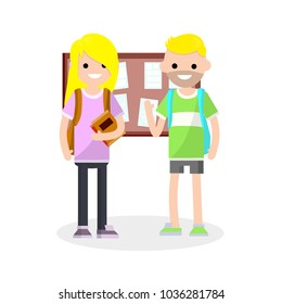 Cartoon flat illustration - happy students at school. a blond guy and a girl in pink with a backpack by the Board. book in the hands of women. The communion of two friends. young couple.

