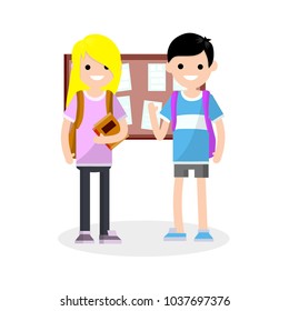 Cartoon flat illustration - happy students at school. a guy and a girl in pink with a backpack by the Board. book in the hands of women. The communion of two friends. young couple.
