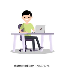 cartoon flat illustration - happy young student sits at a Desk with a computer. Browsing on the Internet. Work at home. The man on the chair.
