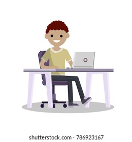 cartoon flat illustration - happy young student sits at a Desk with a computer. Browsing on the Internet. Work at home. The man on the chair.
