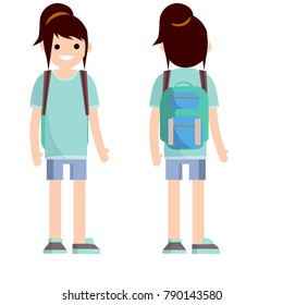 cartoon flat illustration - happy young student in the front and the back. Girl in t-shirt and short with a bright backpack.
