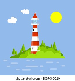 Cartoon flat illustration - high red and white lighthouse. tower for light signal for ship on green island with hills and forests. tourist attraction-a beautiful building. place for a romantic trip

