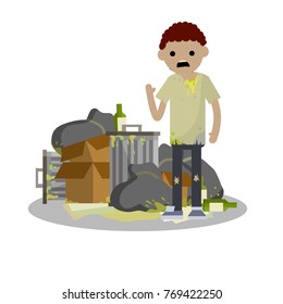 cartoon flat illustration - a homeless man. Unemployed. Young sad man next to a dump of rubbish. Boxes, bins, waste bottles, and bits of paper.