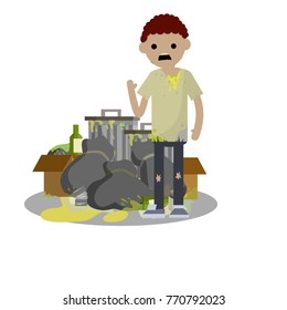 cartoon flat illustration - a homeless man. Unemployed bum. Young sad man next to a dump of rubbish. Boxes, bins, waste bottles, and bits of paper.
