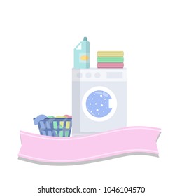 Cartoon flat illustration - house cleaning. washing machine with detergent. pink logo ribbon. home appliances for a comfortable stay. household device. element of the bathroom and Laundry.
