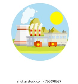 cartoon flat illustration - industrial area. power sector, power station, plant, factory with chimneys and smoke.Fuel tank, pink ribbon eco logo