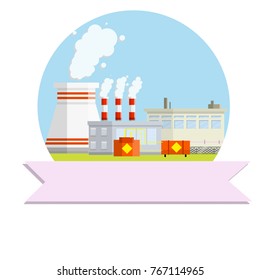 cartoon flat illustration - Industrial zone - factory plant with technical tubes, energy tanks, smoke, pink ribbon
