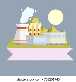 cartoon flat illustration - industrial zone, urban district of factories. Energy sector - power station with chimneys and smoke in the night with moon and clouds. Environmental logo with pink ribbon