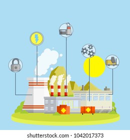 Cartoon flat illustration - infographic industry center of the city. the urban cityscape of factories. building power plants. production of energy and goods. smoke pipes. problem of ecology.