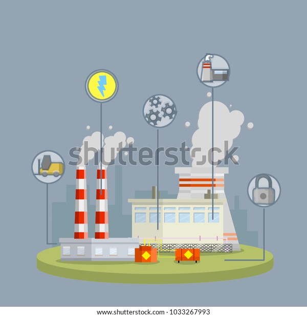 Cartoon flat illustration - infographic \
industry center of the city. the urban cityscape of factories.\
building power plants. production of energy and goods. smoke pipes.\
problem of ecology.