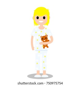 cartoon flat illustration - a little boy child in pajamas to sleep with a Teddy bear