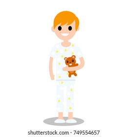 cartoon flat illustration - Little red-haired boy in white pajamas standing with a Teddy bear
