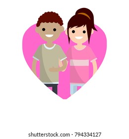 cartoon flat illustration - loving youth. cute couple boy and girl in a big pink heart. The Valentine's day holiday. a symbol of love and Dating. Funny characters.