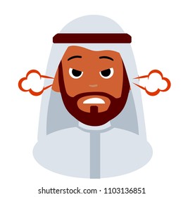 Cartoon flat illustration - A male Arab in white clothes. young guy with a beard. head with an angry red face. emotional disorder. a brutal, sinister middle Eastern view. steam from ears