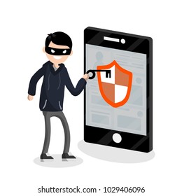 Cartoon flat illustration - man hacker robber is trying to hack into a private page. work antivirus. problem with the personal page. guy crime on the Internet. the key to the messenger.
