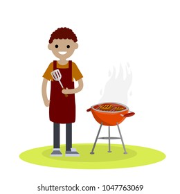 cartoon flat illustration - a man prepares barbecue meat on a grill over fire. cook guy in apron. element of lunch on nature. delicious hearty meal. steak, medium rare, food.
