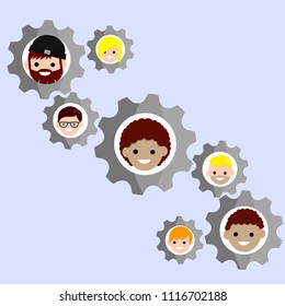 Cartoon flat illustration - mechanical gears with human faces. teamwork. office team cohesion. successful company. the interaction of the parts.
