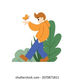 Cartoon flat illustration of a men walking with a butterfly, this cute image is suitable for your colorful and flat project design elements, can also be used for sticker and poster