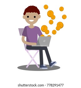 Cartoon flat illustration - mining bitcoin. A young man sits on a chair  with a computer laptop. Earning money on the Internet. Intellectual labour.