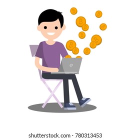 Cartoon flat illustration - mining bitcoin. A young man sits on a chair  with a computer laptop. Earning money on the Internet. Intellectual labour.